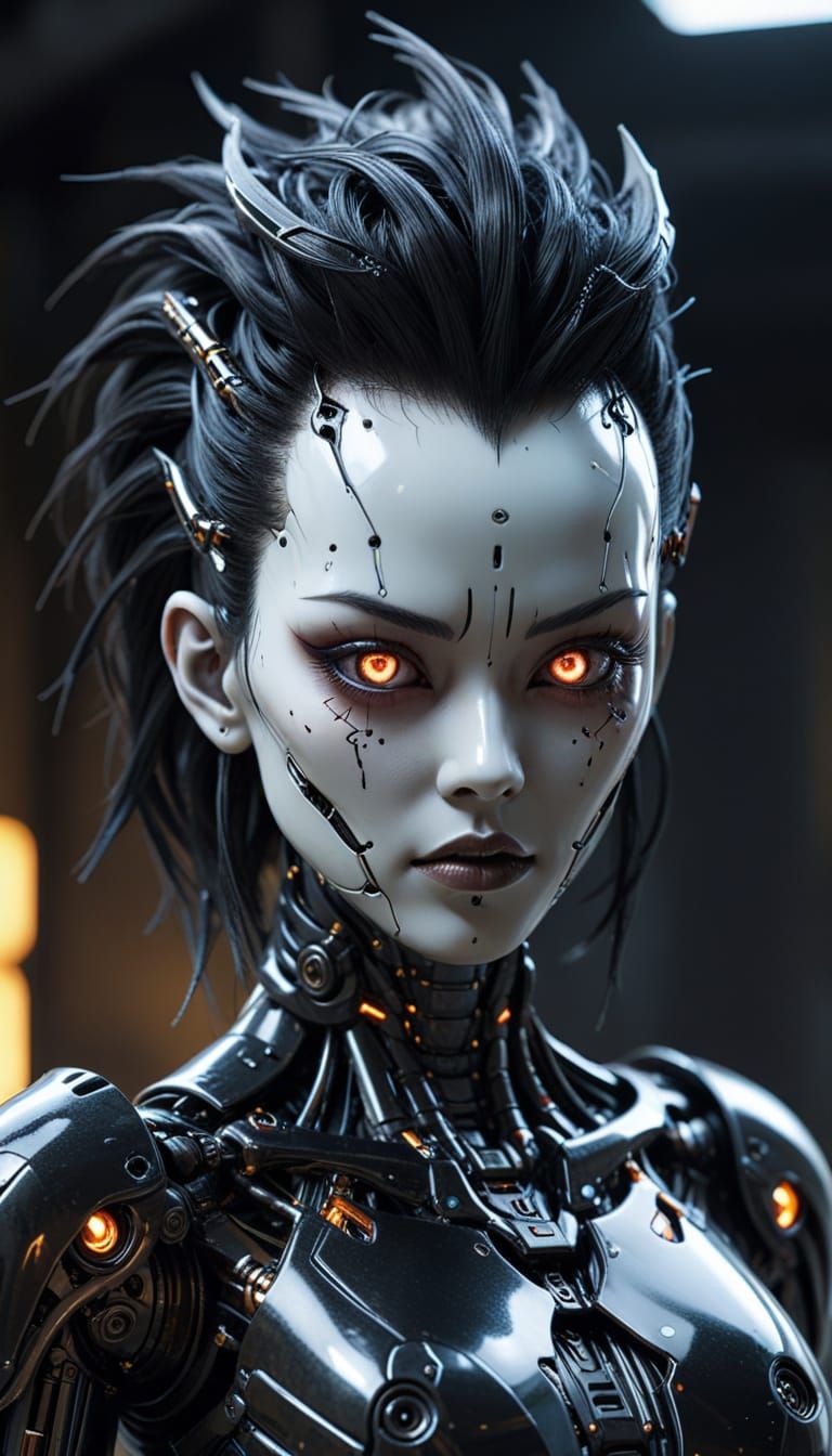 Gothic Gynoid with Neon Accents in Cyberpunk Style