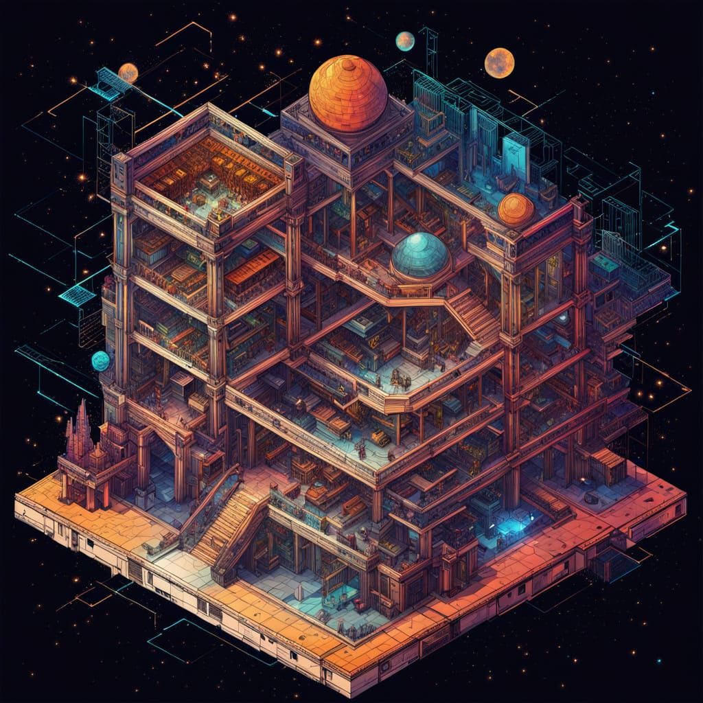Exploded Axonometric View of Magical School in Cyberpunk Sty...