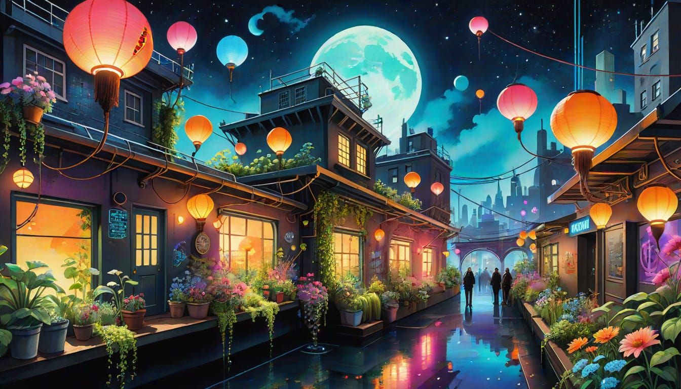 Surreal Solarpunk Cityscape with Vibrant Rooftop Garden