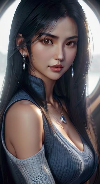 Intricate and Detailed (Wide angle front body portrait:1.5) of beautiful Rinoa Heartily in long Blue rib-knit sweater dr...