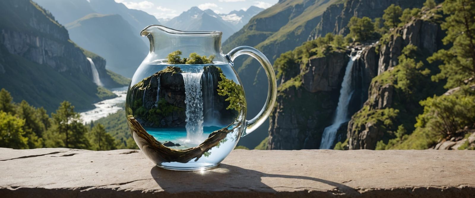 Waterfall Flows From Jug in 3D Double Exposure