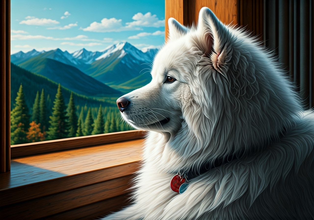 Samoyed Dog Gazes at Mountains from Window Seat