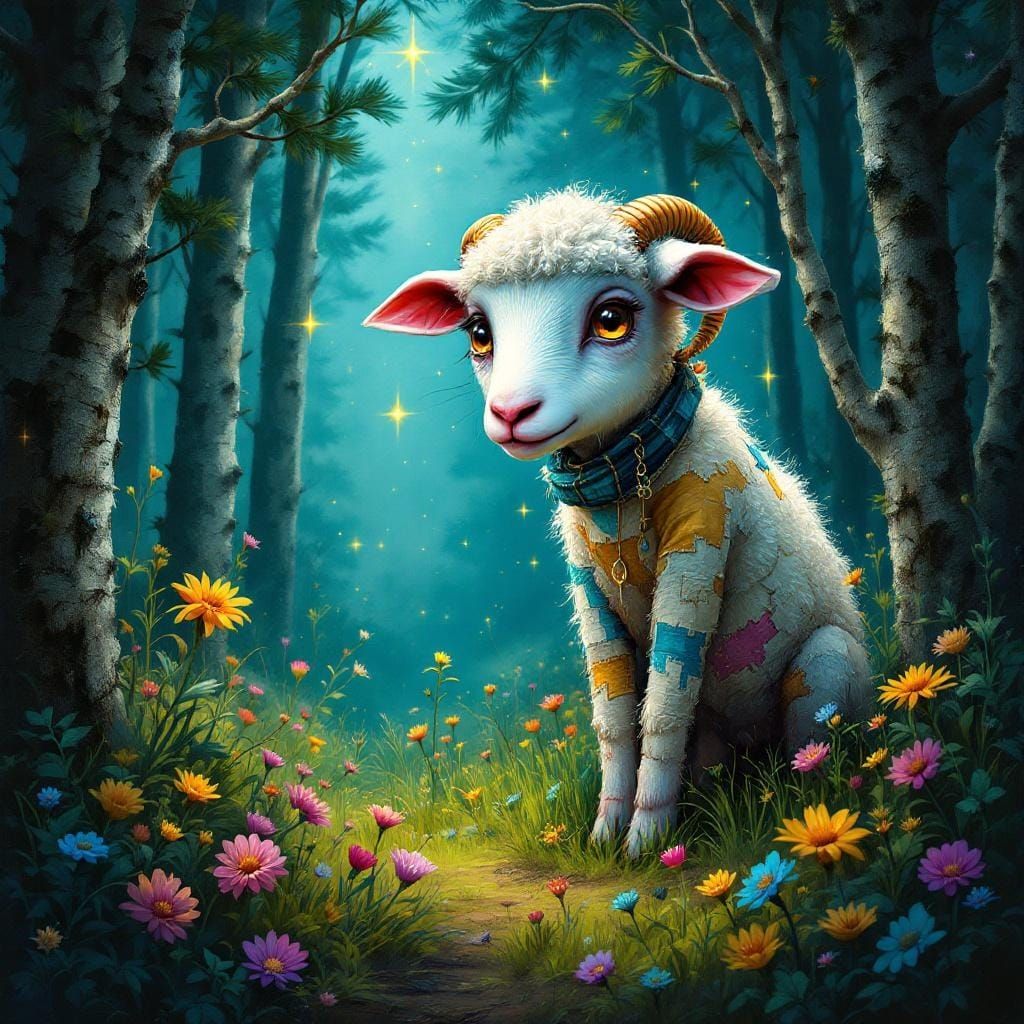 Surreal Nervous Lamb in Dreamlike Forest