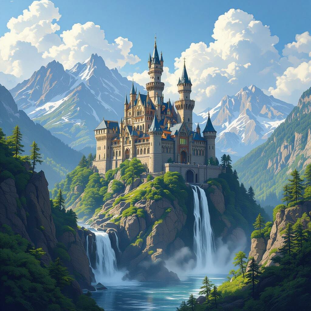 Majestic Castle Waterfall Landscape in Romantic Style