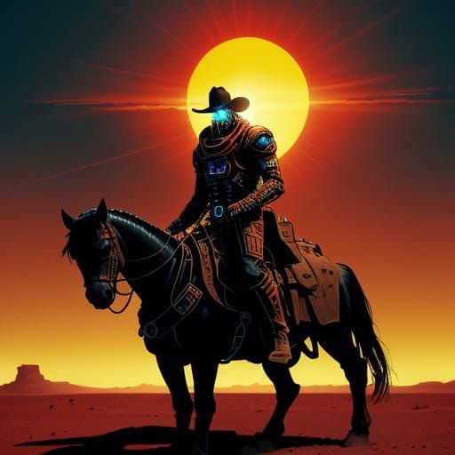 Cybernetic Cowboy on Robotic Horse on Mars