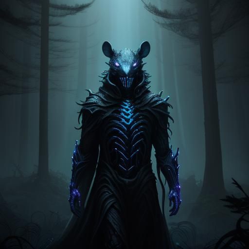Glowing Rodent Monster in Dark, Misty Landscape