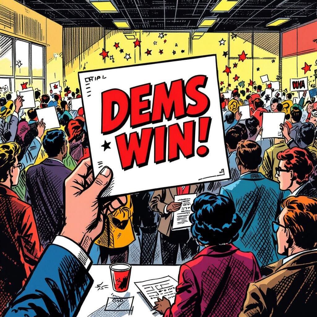 Voters Cast Ballots with "Dems Win" in Comic Book Style