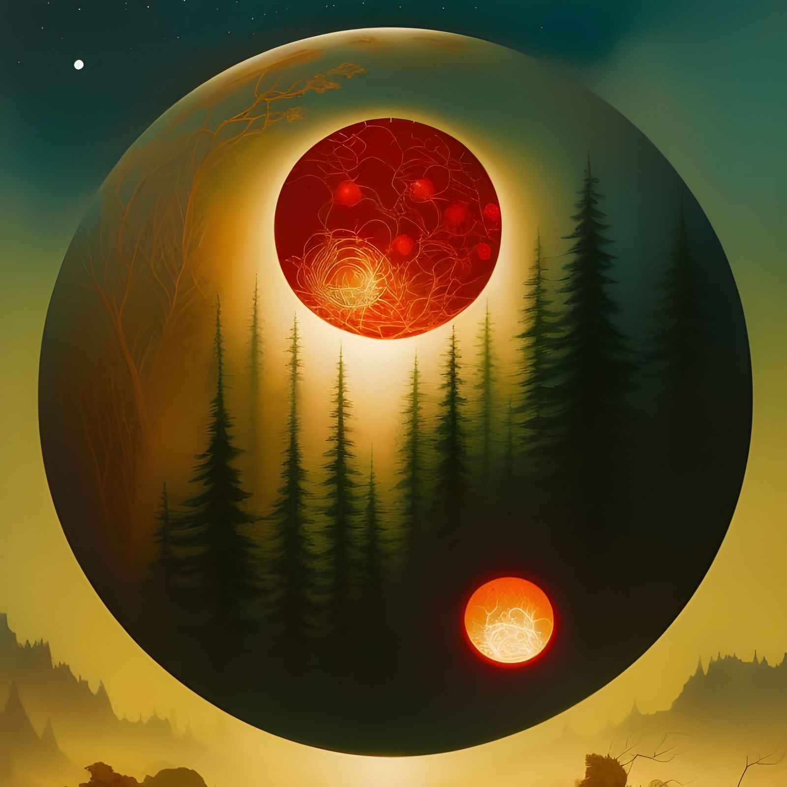 Glowing Red Orb in Detailed Forest Painting