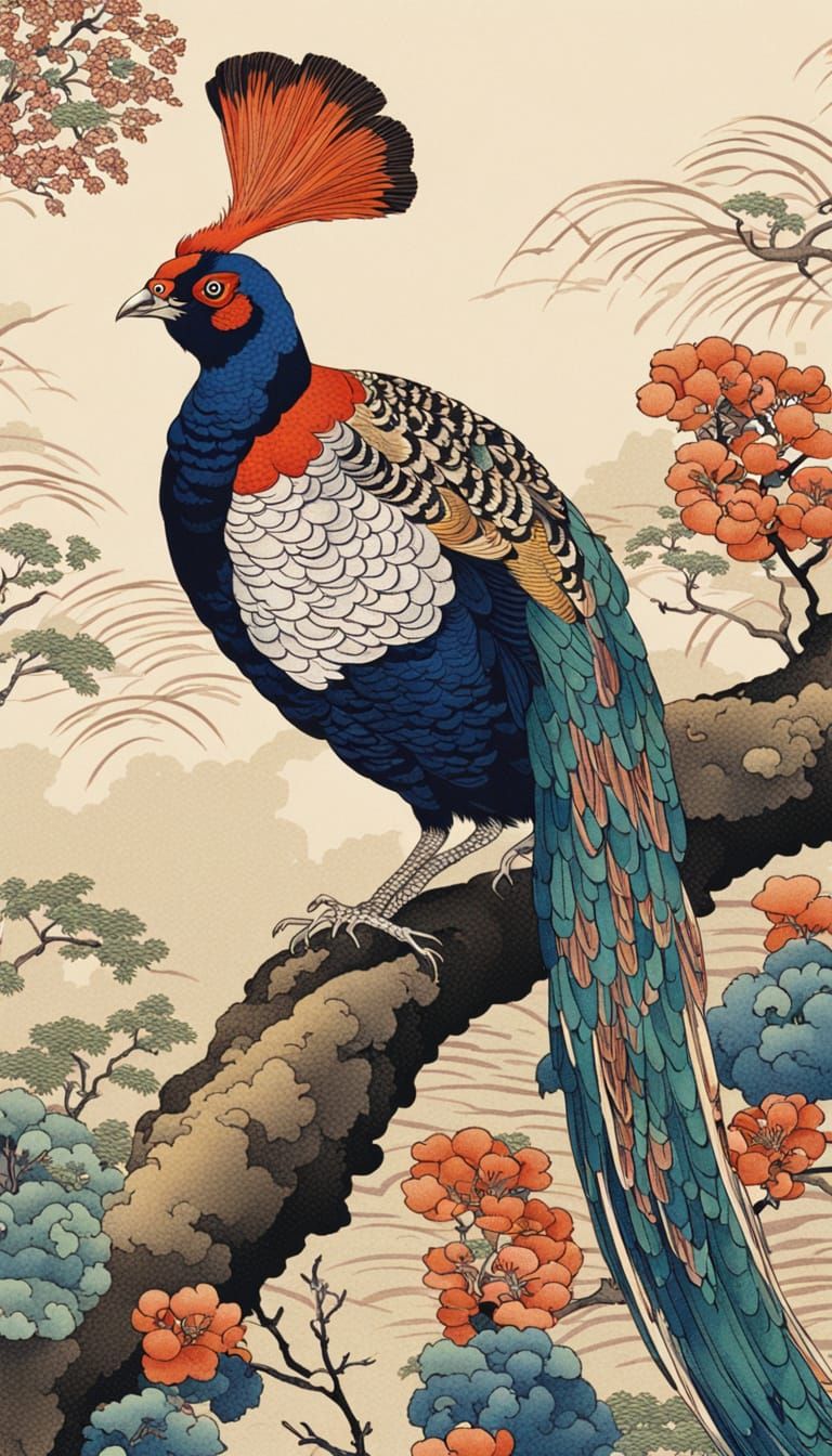 Oriental Pheasant in Ukiyo-e Style Woodblock Print