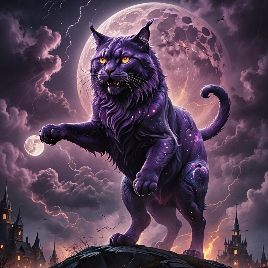 Giant Purple Cat Roaring Under Stormy Moon