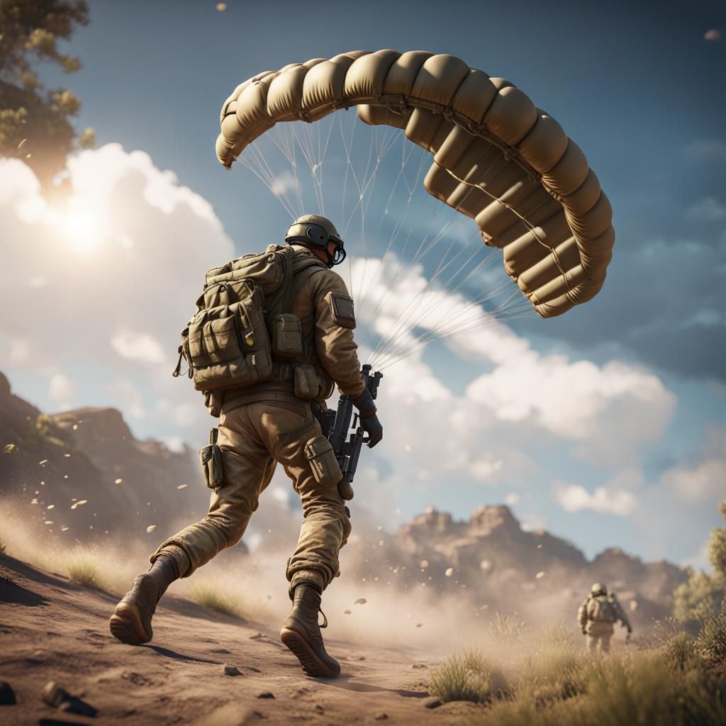 Parachute Soldier in 3D Game Cinematic Style