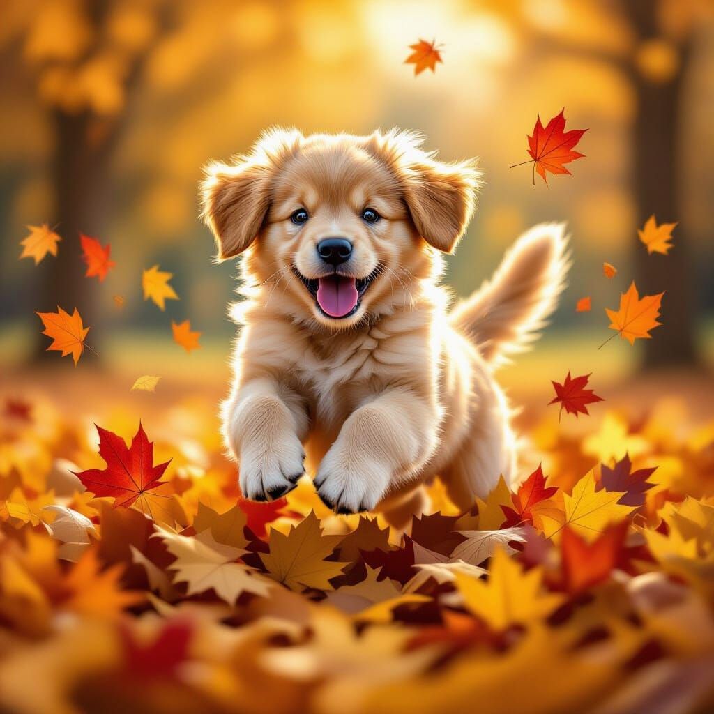 Golden Retriever Puppy Leaping in Autumn Leaves
