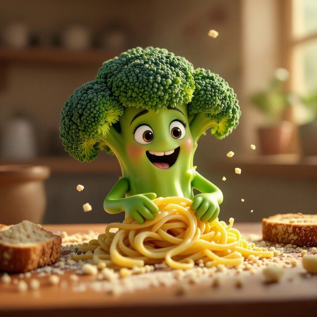 Sentient Broccoli Makes Pasta in Pixar Style