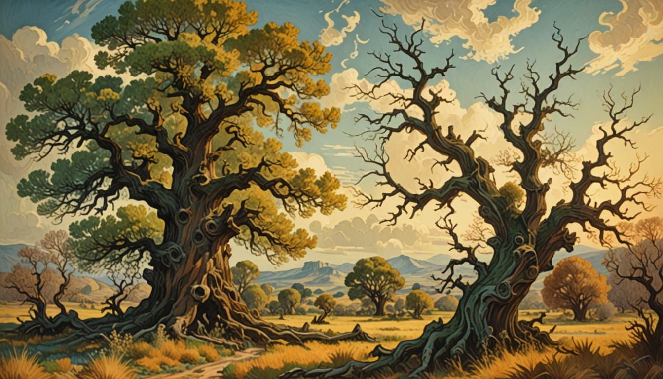 Ancient Tree Beside Dying Tree in a Sunlit Field