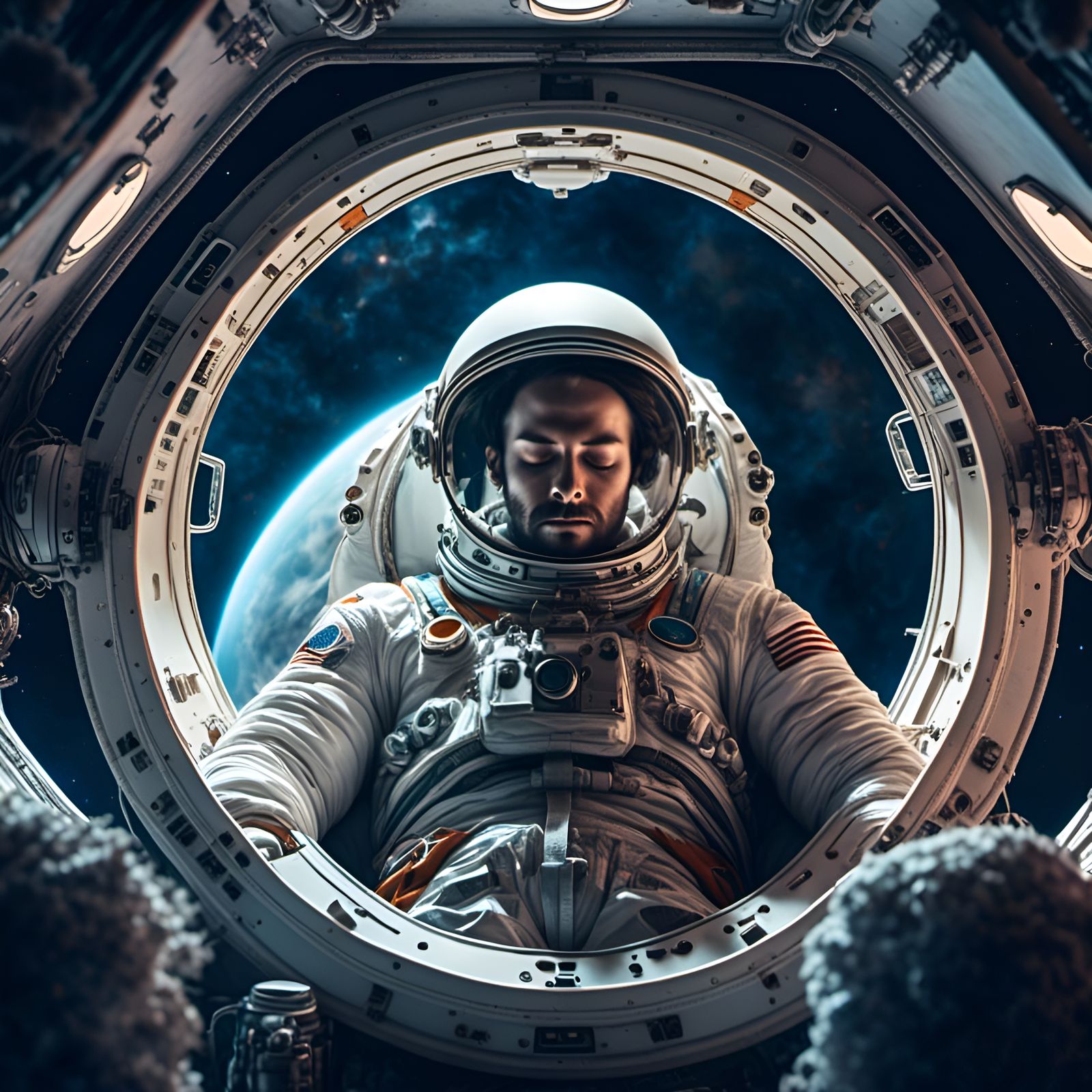 Astronaut's Peaceful Slumber on Spaceship