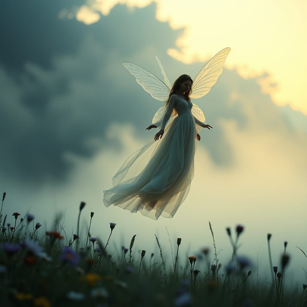 Ethereal Fairy Above Wildflower Meadow Digital Painting