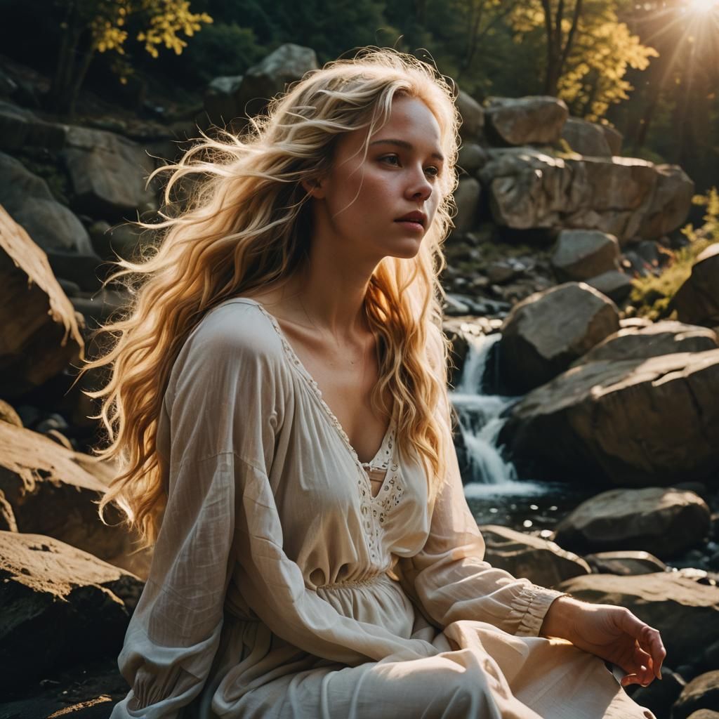 Nude Blonde Under Waterfall in Cinematic Style