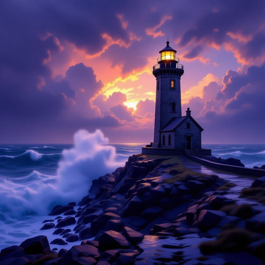 Ancient Lighthouse on Stormy Cliff Overlooking Turbulent Sea