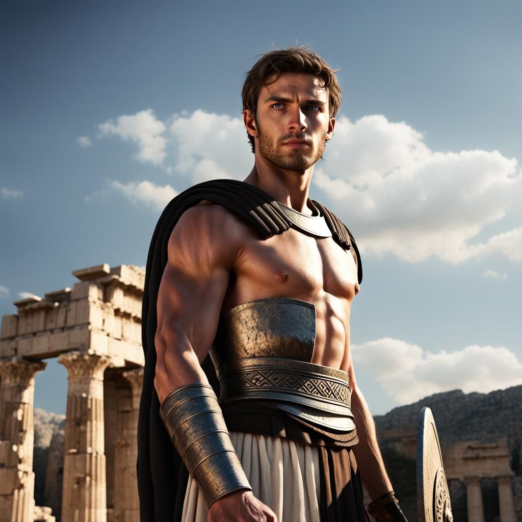Ancient Greek Warrior in Temple Ruins