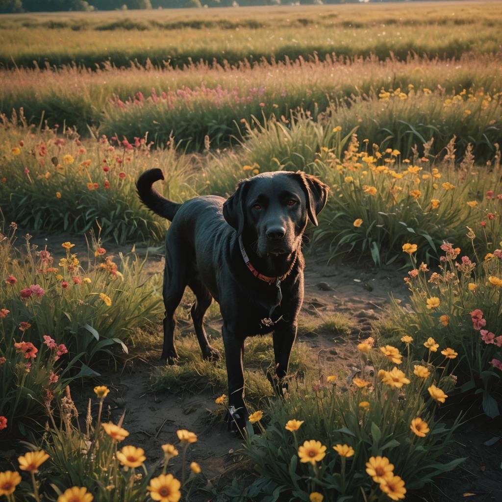 Black Labrador in Field at Sunset, Photorealistic