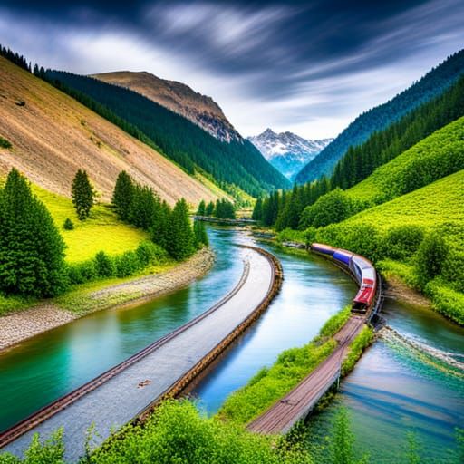 Picturesque Valley Scene with Old Train, HDR Photography