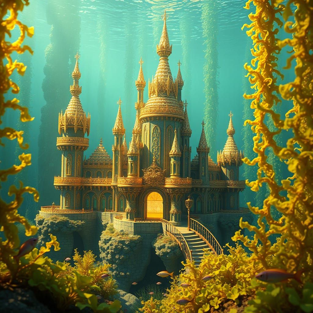Whimsical Golden Castle Amidst Emerald Kelp