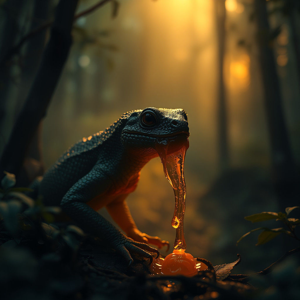 Honey Salamander in Misty Forest, Hyperrealistic Style