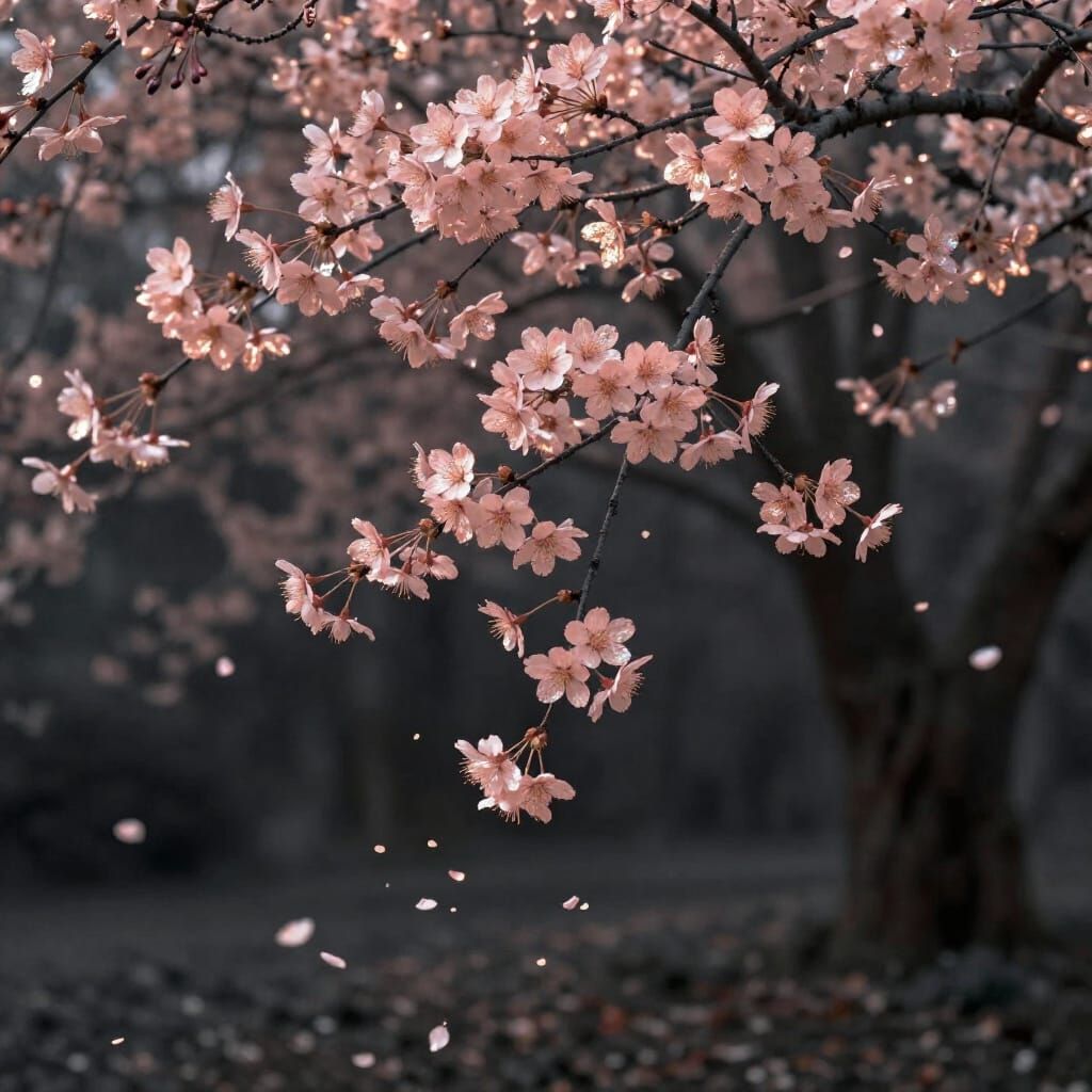 Ethereal Rose-Gold Cherry Blossoms in Dark Forest