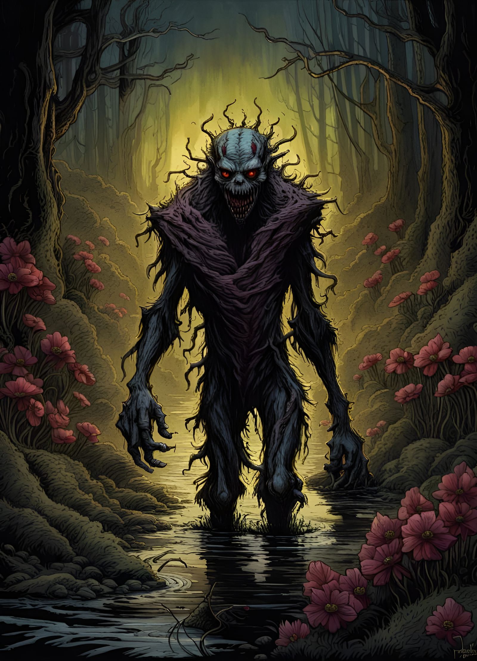 Creepy Bog Monster with Flowers, in Gothic Horror Style