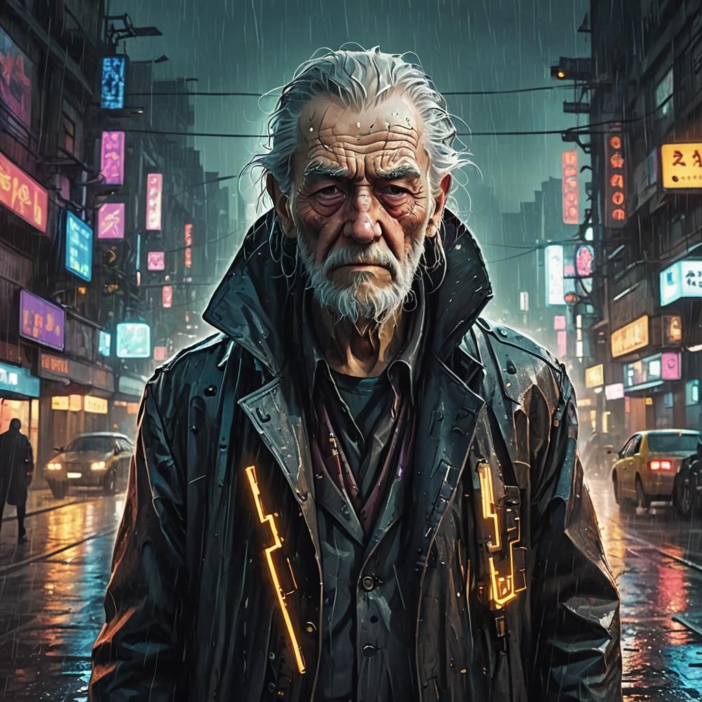 The last wizard, an old man in a cyberpunk city in the rain,...