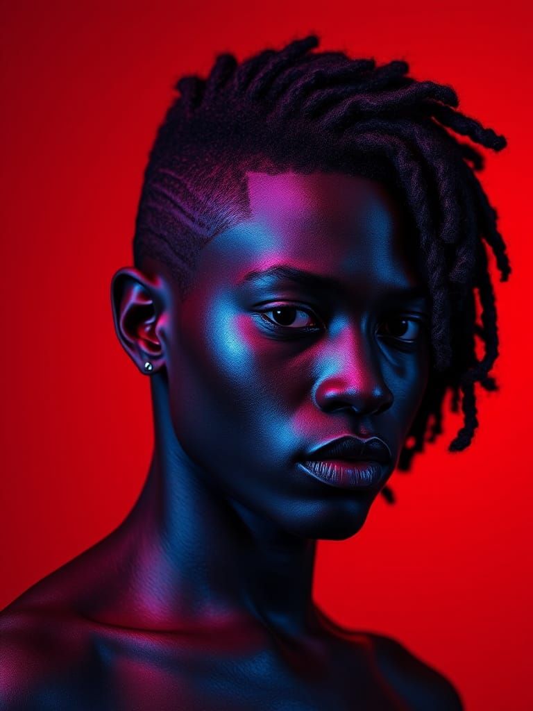 Elegant Portrait in Deep Blue and Red, with Expressive Style