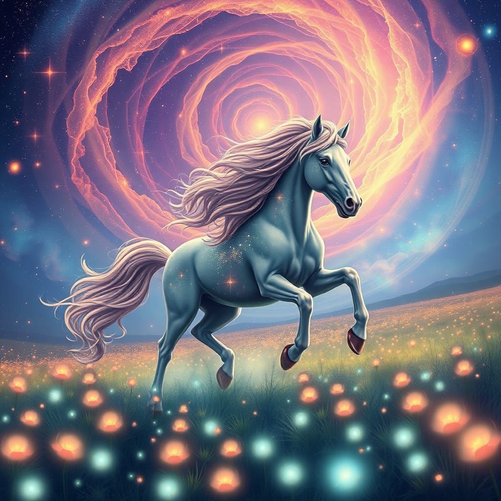 Majestic Horse-Woman Galloping Through Starlit Meadow