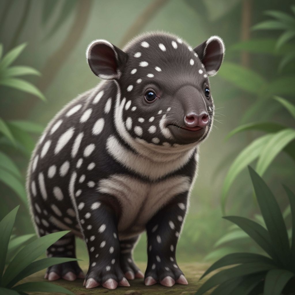 Cute Baby Tapir in Lush Jungle, Realistic Wildlife Photograp...