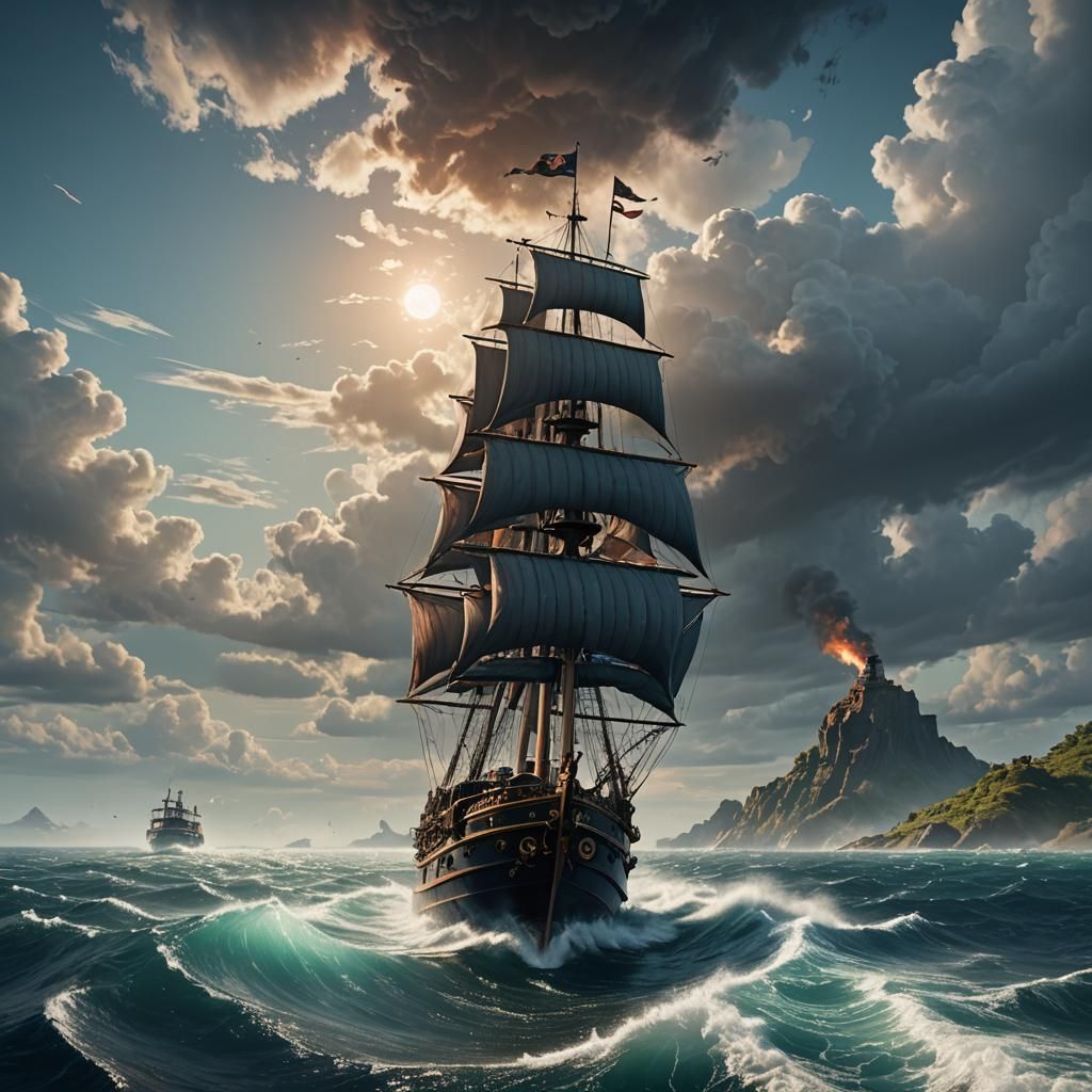 Lonely Steamboat on a Vast Ocean, Detailed Matte Painting