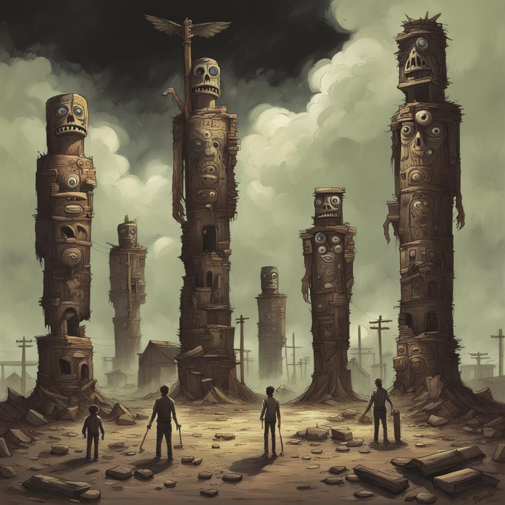 Totem pole monsters in a ghost town