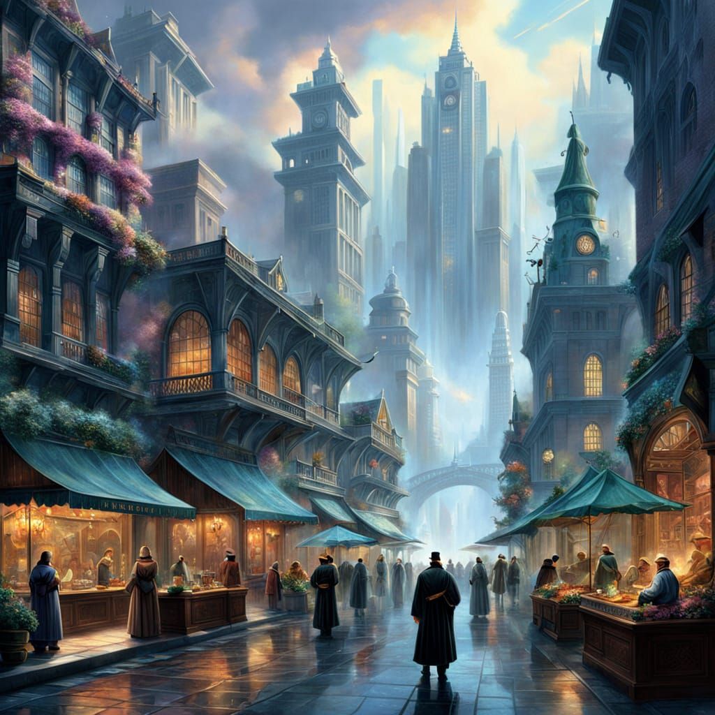 Hyperdetailed Alternate Timeline Marketplace in Ethereal Mis...