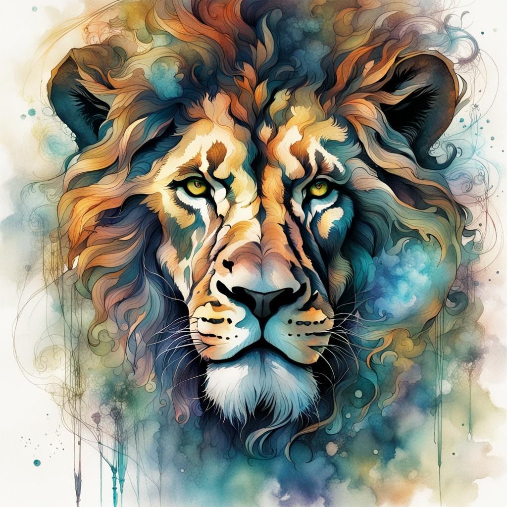 Intense Lion in Dark Fantasy Iridescent Mist