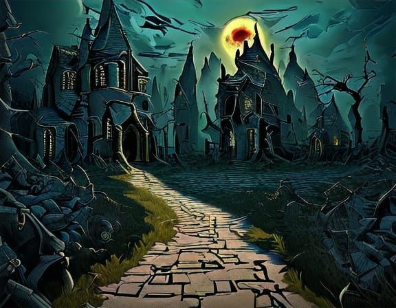 Dark Fantasy Oz Landscape with Twisted Skulls and Castle