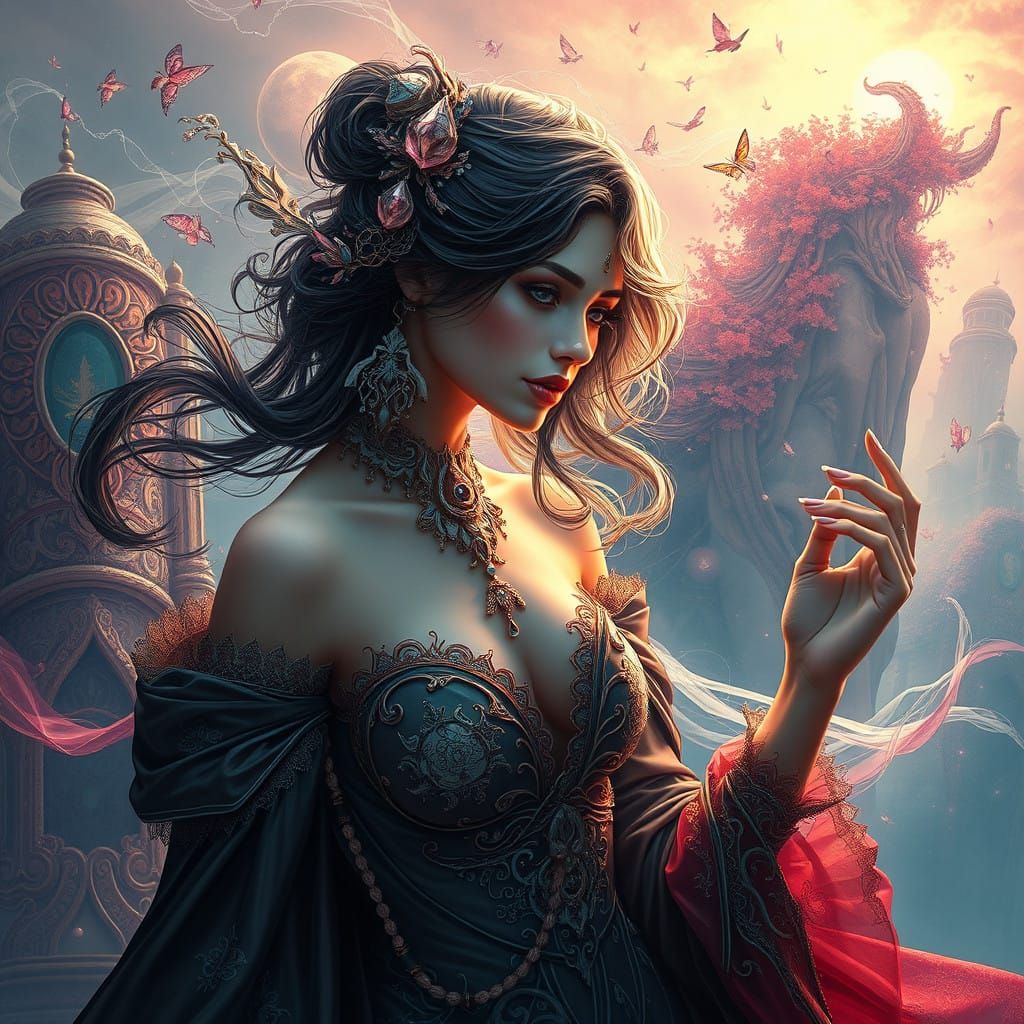 Elegant Fantasy Woman in Vibrant Landscape