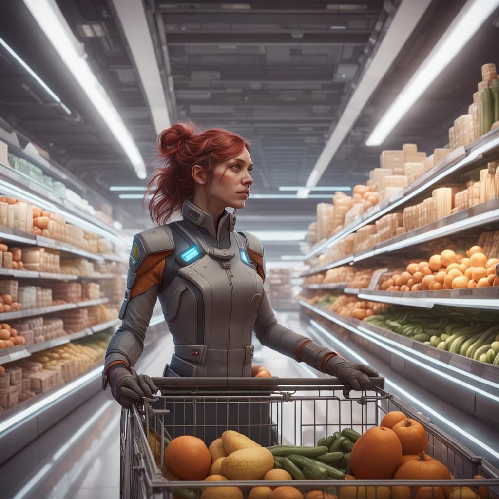 Grocery Shopping on Spaceship: Hyperdetailed Portrait