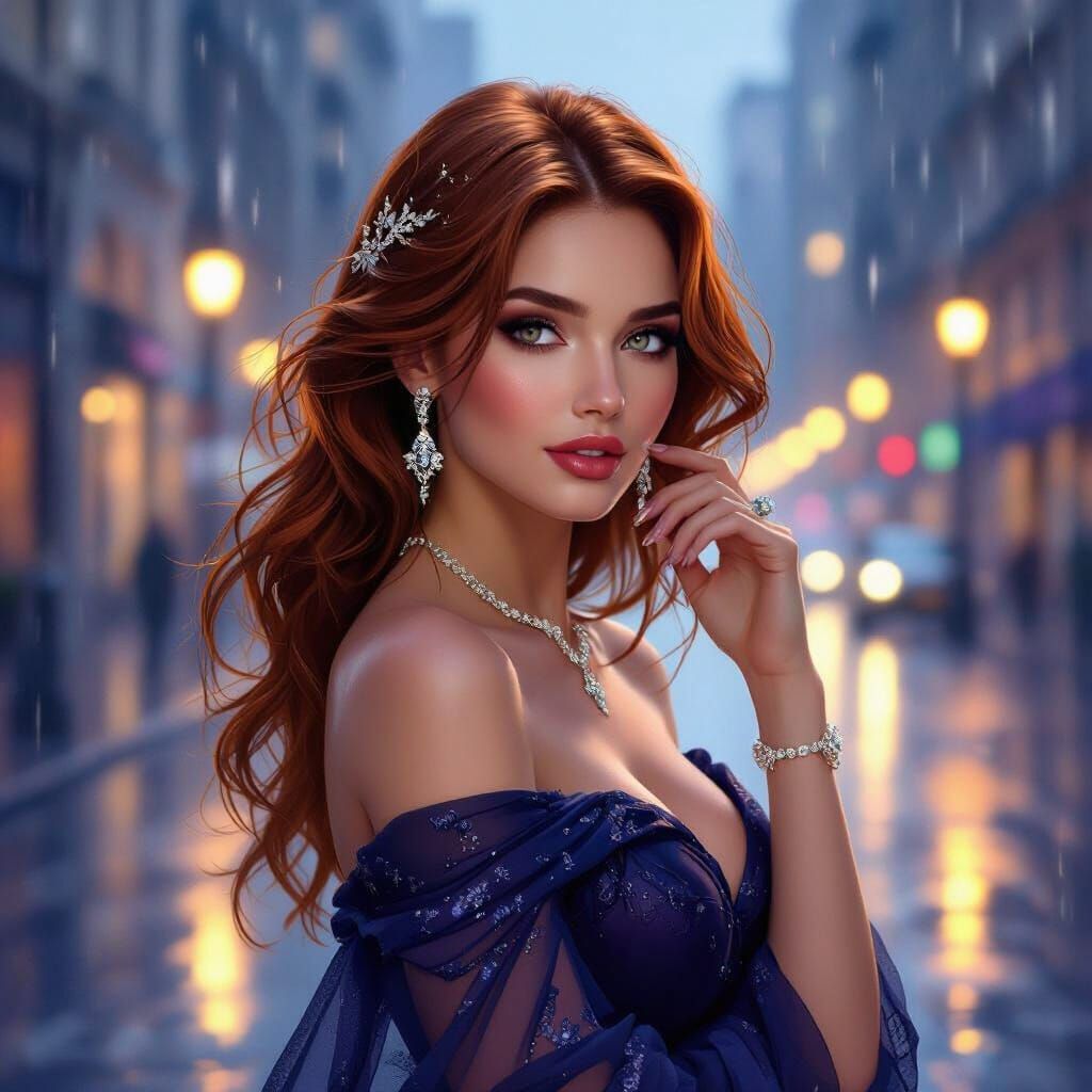 Twilight Cityscape: Woman with Auburn Hair, Hyperrealistic S...