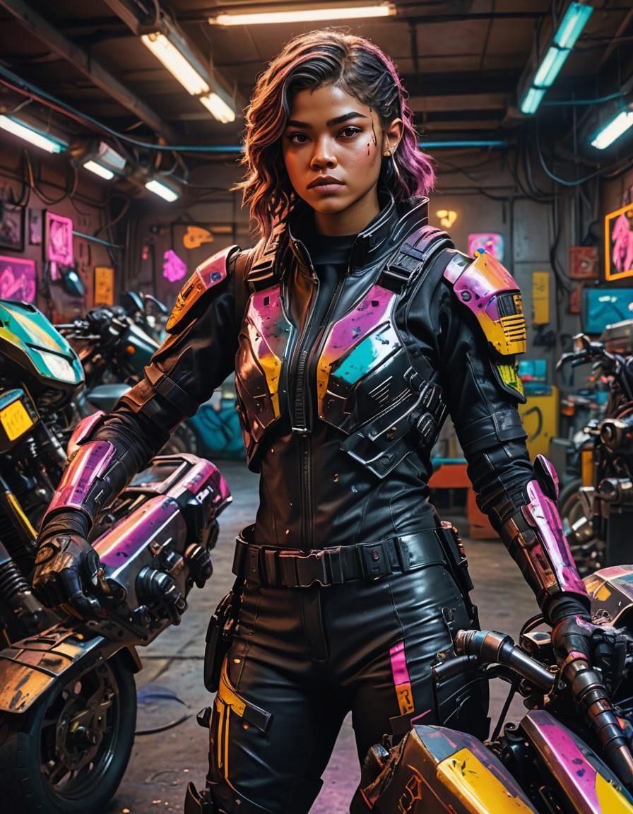 A young woman resembling Zendaya as a futuristic soldier/mechanic w/ tactical gear.