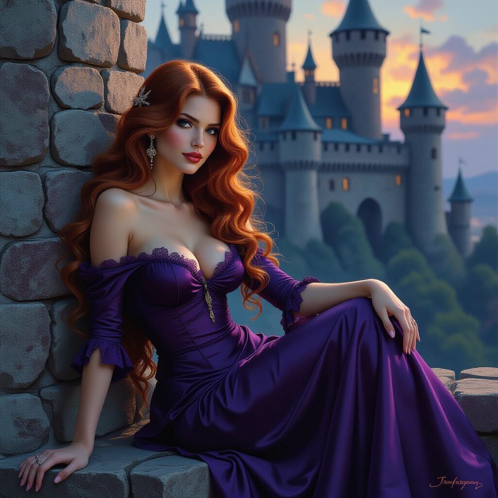 Skeletal Pin-Up Model at Dark Castle in Oil Painting Style