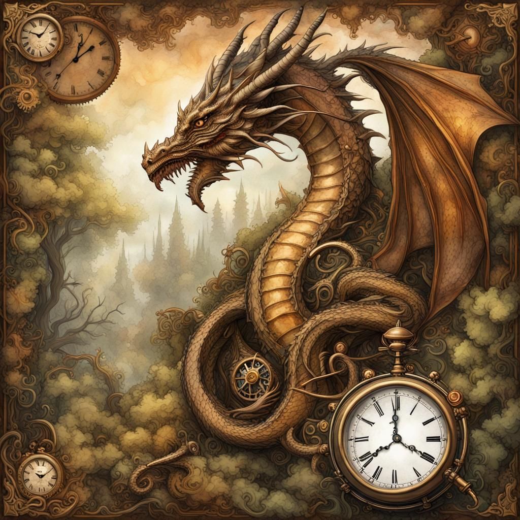 Steampunk Dragon Forest with Musical Score in Watercolor