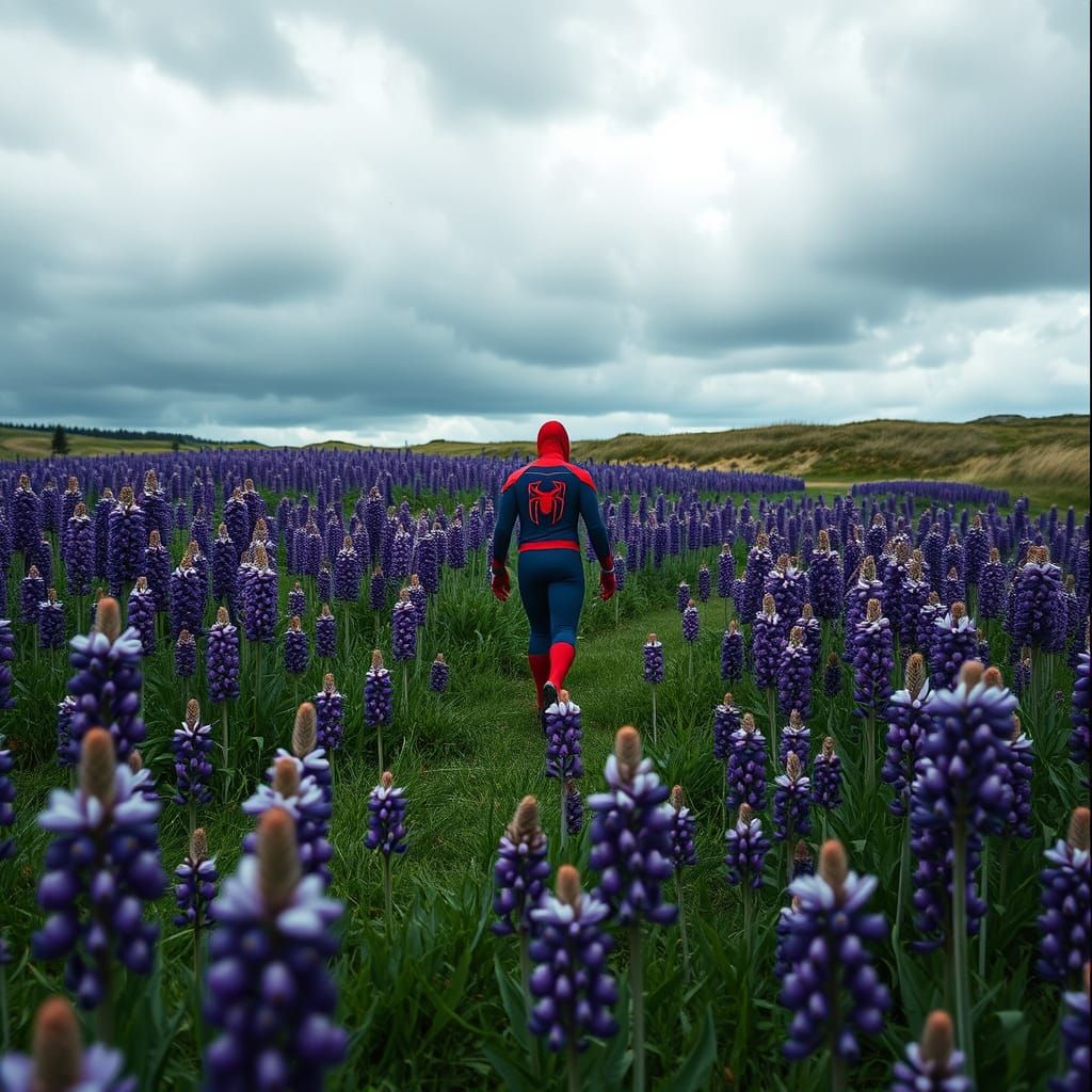 Spider-man in a Field of Lupines, Nova Scotia