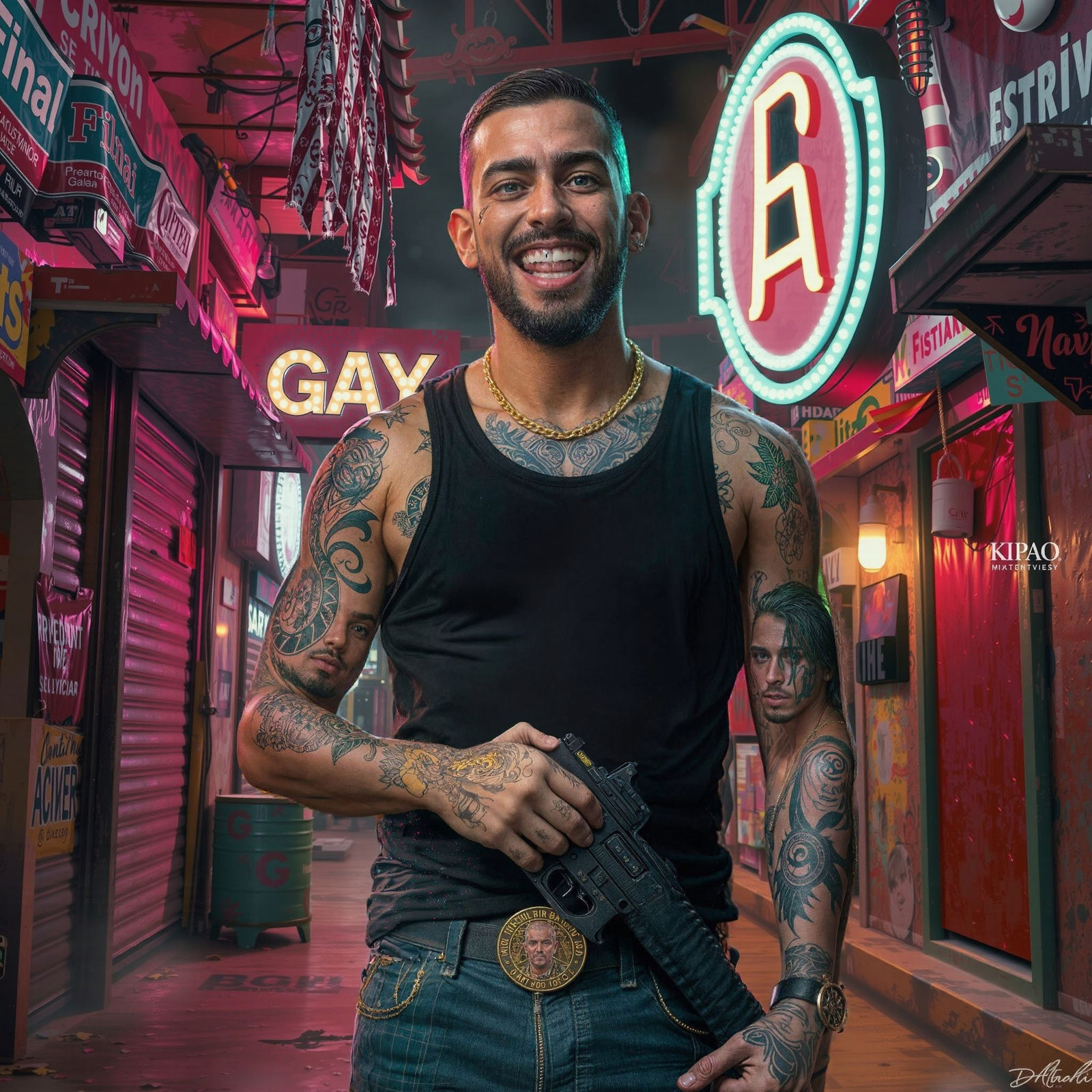 Hyperrealistic Gang Boss in Rio Favelas at Night