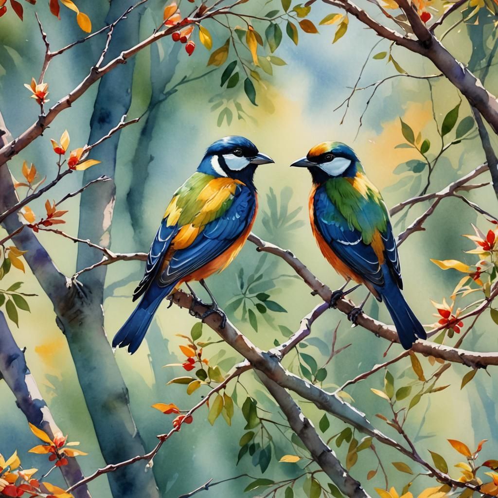 Colorful Birds on Branch in Watercolor Style