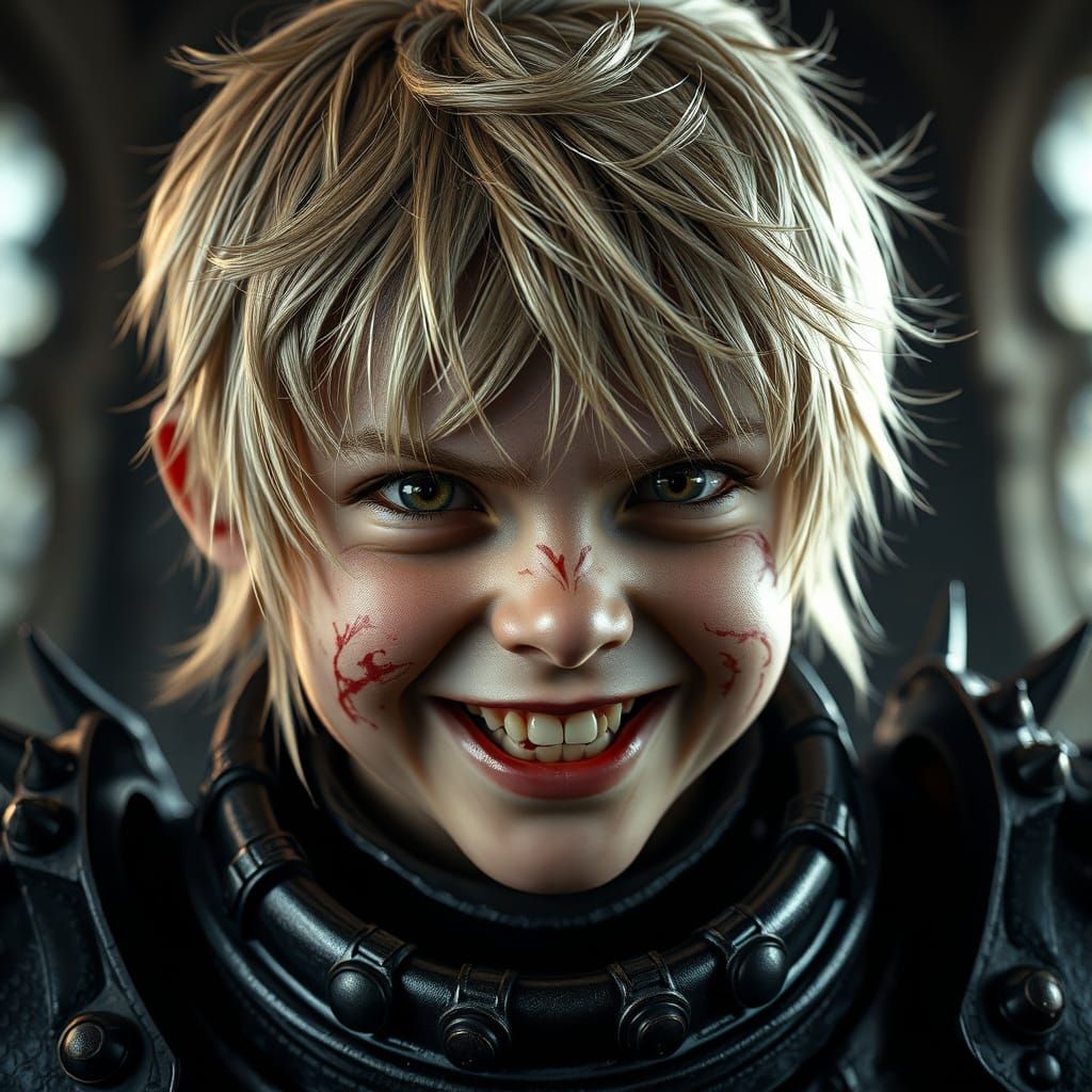 Dark Fantasy Boy in Blood Crystal Armor Smiles Menacingly