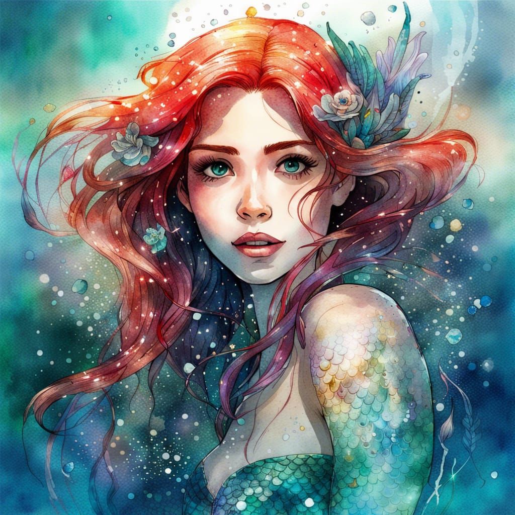 Gorgeous Mermaid Princess Ariel in Watercolour Style