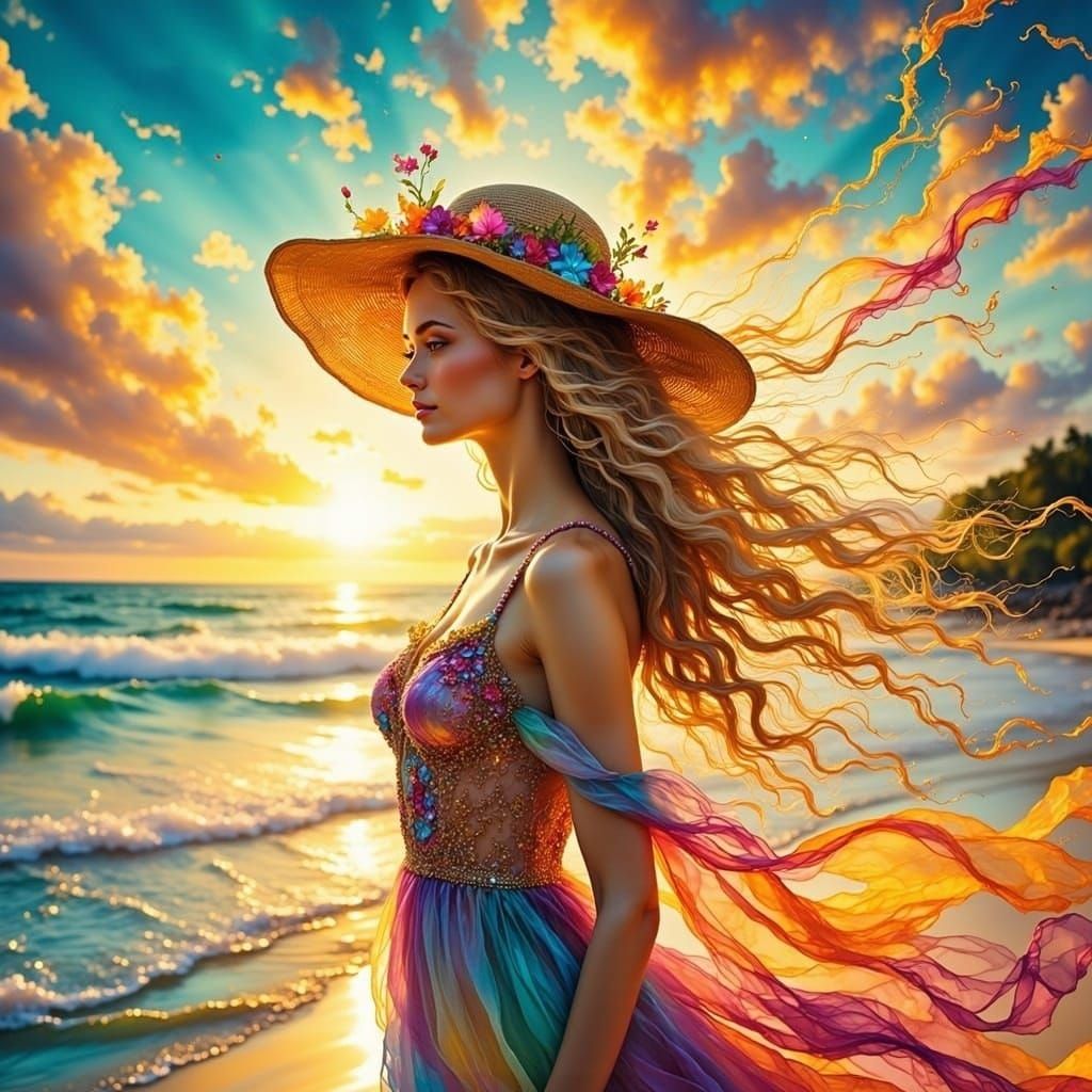 Woman with Kite on Beach in Fantasy Style